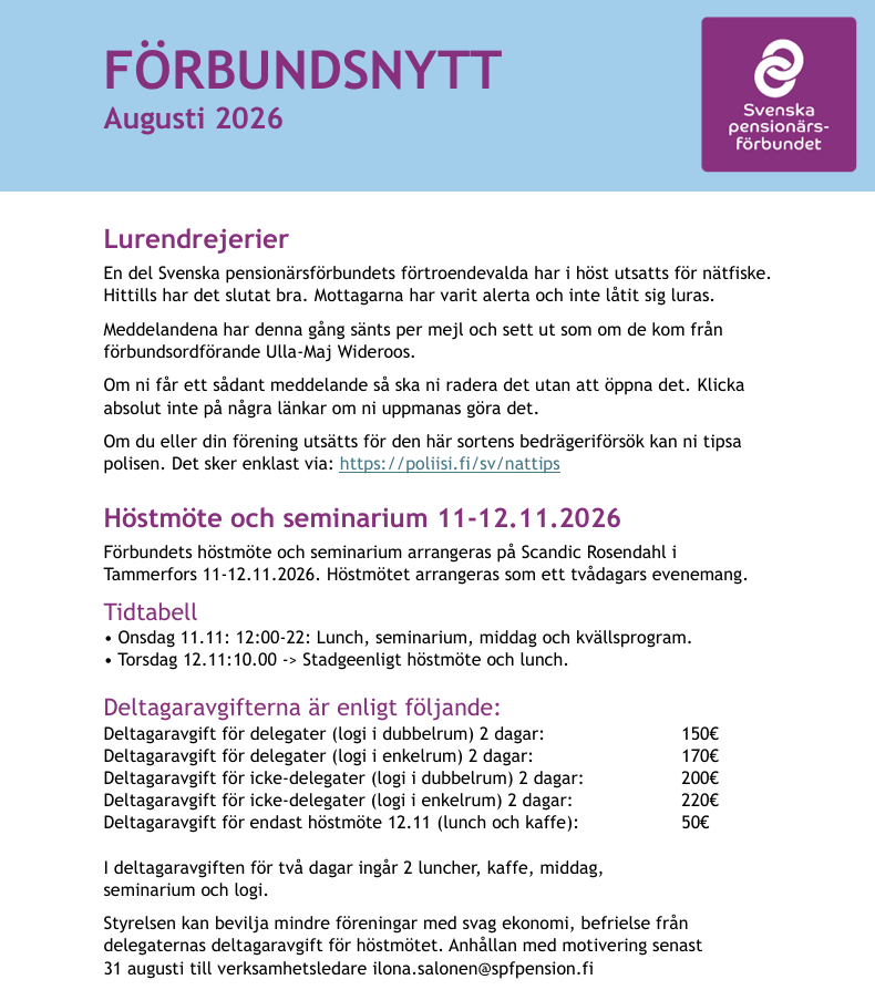 Ett svenskt nyhetsbrev från Svenska pensionärsförbundet, daterat augusti 2026, med artiklar om bedrägerier, ett kommande höstmöte och deltagaravgifter. Layouten är utformad i magenta, svart och vitt, med förbundets logotyp längst upp till höger.