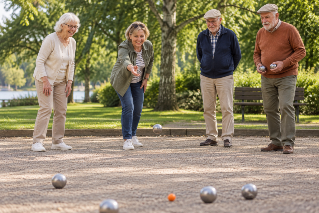 Fyra äldre personer som spelar boule på en grusbana i en park. En kvinna gör sig redo att kasta en metallkula mot den orangea markeringen medan de andra tittar på. Flera metallkulor ligger utspridda på marken. I bakgrunden syns träd, gräsmatta och en träbänk.