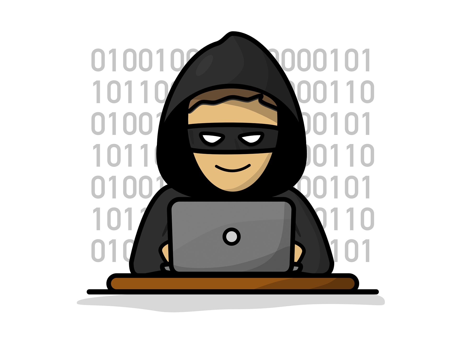 Illustration av en person som bär huva och mask och skriver på en bärbar dator. I bakgrunden syns binärkod. Det övergripande temat antyder hackning eller cybersäkerhet.