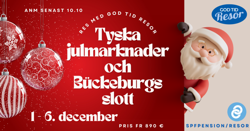 Röd julig bakgrund med julpynt, en illustration av jultomten till höger och vit text på svenska som marknadsför en resa till tyska julmarknader och slottet i Bückeburg den 1–6 december, med ett pris från 890 euro.