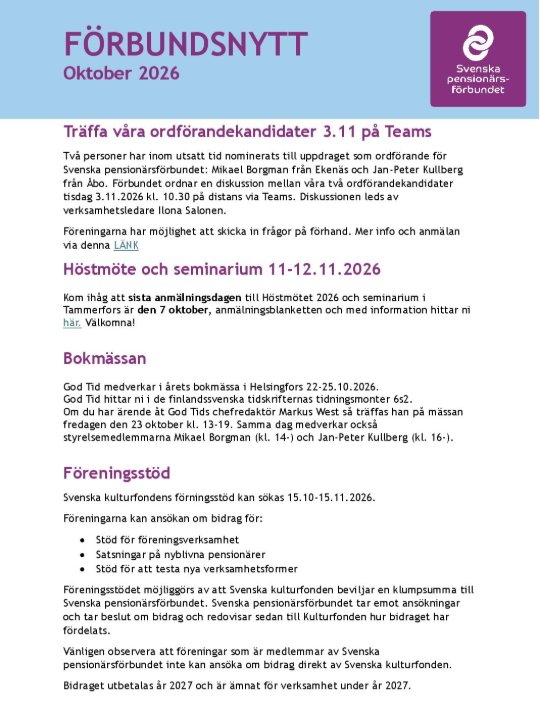 Nyhetsbrev från Svenska pensionärsförbundet, oktober 2026, med information om diskussioner kring ledarskapskandidater, höstseminariet, bokmässan och föreningsbidrag.