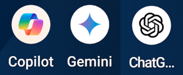 Appikoner för Microsoft Copilot, Google Gemini och ChatGPT placerade i en rad.