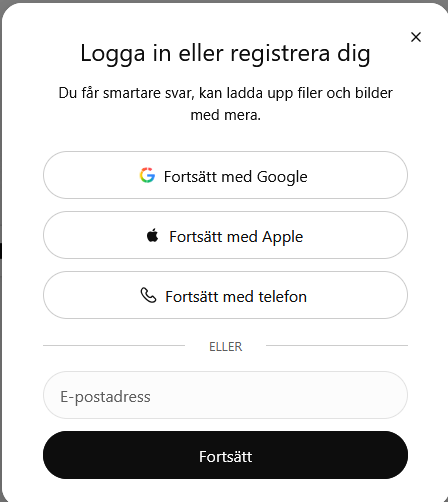 Ett inloggnings- eller registreringsfönster med alternativ för att logga in via Google, Apple, mobilnummer eller e-postadress.