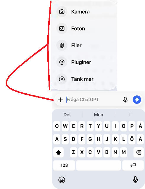Ett ChatGPT-gränssnitt som visar en öppen bilagsmeny med ikoner för Kamera, Foton, Filer, Tillägg och Tänk mer, placerad ovanför ett svenskt tangentbord.
