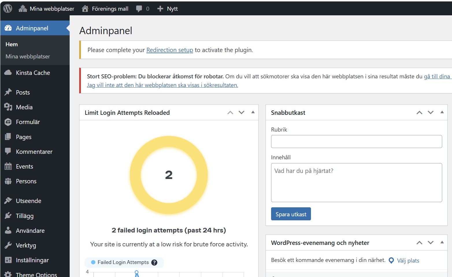 WordPress-administratörspanelen visar en statusrapport för Begränsa inloggningsförsök och ett avsnitt med Snabbutkast.